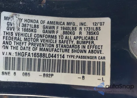 2008 Honda Civic Sdn Lx from USA, damaged, VIN 1HGFA16588L044114